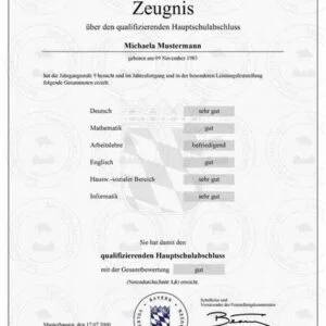 Hauptschulabschlusszeugnis mit Notenspiegel und Schulstempel